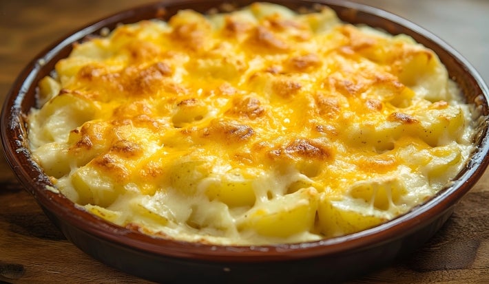Em cima de uma mesa, refratário com batatas com queijo gratinado.