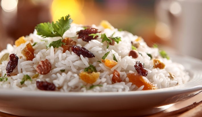 Prato de arroz branco, soltinho, com uma textura leve e fofa com uvas-passas pretas, decorado com folha de coentro.