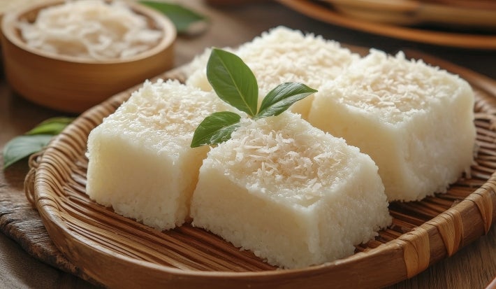 Fotografia de uma bandeja de bambu contendo quadrados de bolo de tapioca, cobertos com coco ralado, dispostos sobre uma superfície de madeira, com um fundo que destaca mais coco e folhas verdes.
