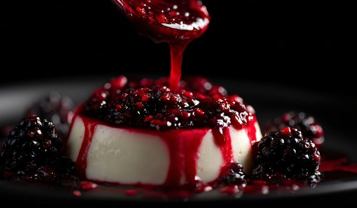 Fotografia em tons escuros de uma sobremesa com mousse com uma calda de frutas vermelhas sobre e ao redor da mousse, sobre um prato raso preto. Tem um pouco de calda caindo na mousse de uma colher de sopa.