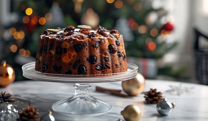 Fotografia de um bolo de frutas em um suporte de vidro, polvilhado com açúcar de confeiteiro. O fundo desfocado revela uma árvore de Natal iluminada, enquanto decorações natalinas cercam o bolo.