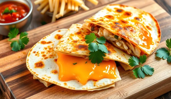 Fotografia de uma receita de quesadilla recheada com queijo e frango, tem folhas de coentro espalhadas por cima, e está sobre uma tábua de madeira.