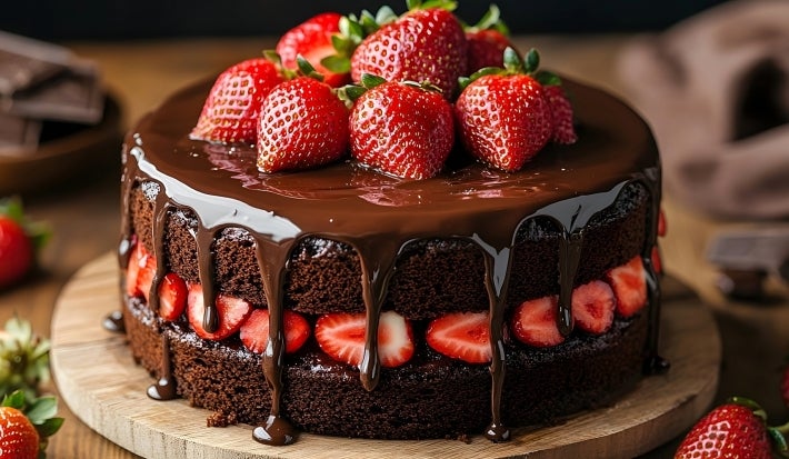 Bolo de chocolate rico, com ganache escorrendo pelas laterais, decorado com morangos inteiros e folhas de hortelã. Colocado em uma tábua de madeira rústica, o bolo tem morangos e pedaços de chocolate ao redor.