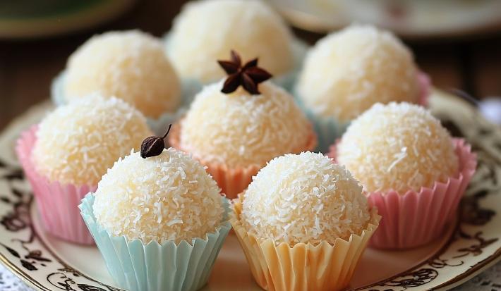 Imagem de um prato com diversos beijinhos cobertos com coco em forminhas azul, amarela e rosa.
