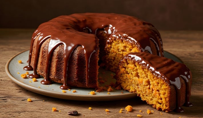 Bolo de cenoura com cobertura de chocolate, no formato de anel, com uma fatia generosa destacada à frente. A massa está bem úmida, com pedaços visíveis de cenoura, e a cobertura de chocolate aparece brilhante e abundante, escorrendo pelo bolo.