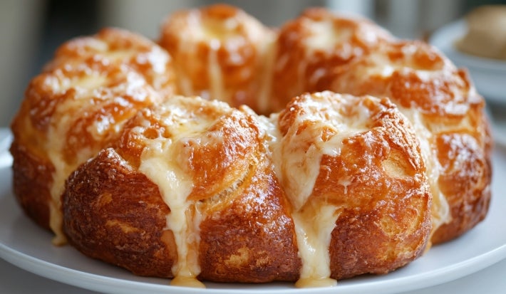 Fotografia de um bolo de pão de queijo, com pedaços douradas e brilhantes, cobertas por queijo derretido que escorre. O pão está em um prato branco, com um fundo suavemente desfocado.