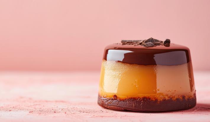 Fotografia com um fundo na cor rosa claro. Mais ao centro da foto, um mini pudim tradicional com a base de bolo de chocolate, por cima, raspas de chocolate para decoração.