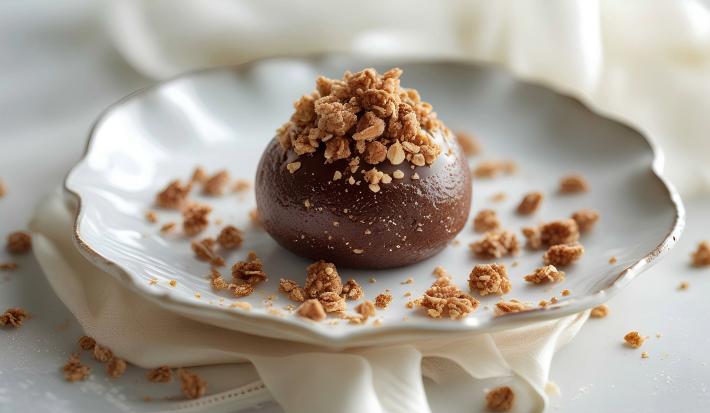 Fotografia de um brigadeiro com ameixa e biscoito maisena triturado sobre ele e ao redor. O brigadeiro está sobre um prato pequeno branco de vidro, apoiado em uma mesa branca.
