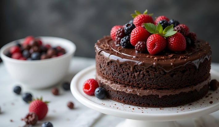 Um bolo de chocolate de duas camadas, coberto com ganache brilhante e decorado com uma variedade de frutas vermelhas, como morangos, framboesas e mirtilos.
