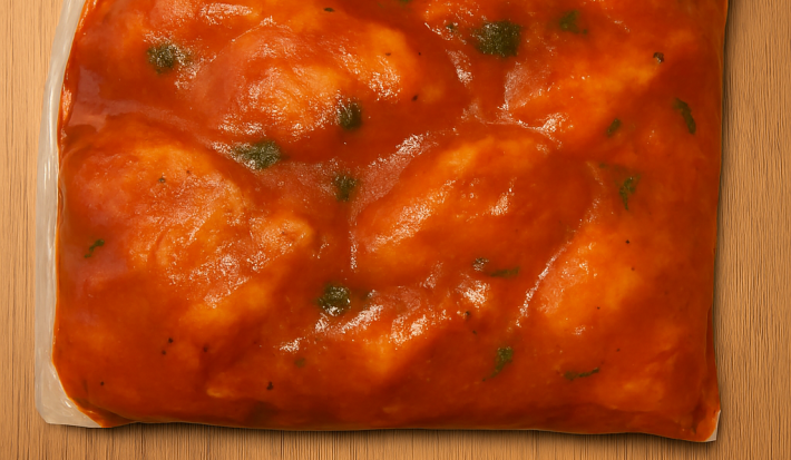 Fotografia de um frango dentro de um saco plástico imerso em um molho de tomate e manjericão