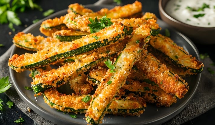 Fotografia de tiras crocantes de abobrinha com queijo parmesão dentro de um prato de tom cinza escuro raso.