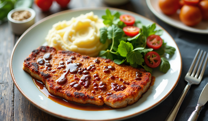 Fotografia em tons de branco com um prato branco ao centro. Em cima do prato existe uma receita de bife à milanesa coberto com molho de redução de vinho tinto, acompanhado de salada e purê