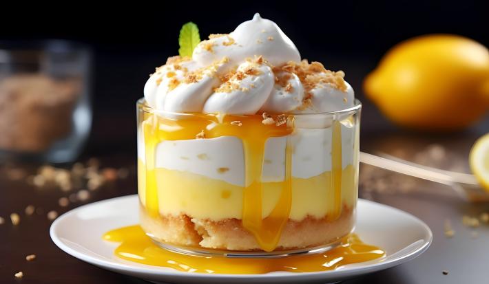 Fotografia de um recipiente de vidro pequeno com uma receita de tropicália deliciosa feita com NESTLÉ Creme de Leite, claras, bananas-nanicas e maracujás. O recipiente está apoiado em um prato branco pequeno de vidro.