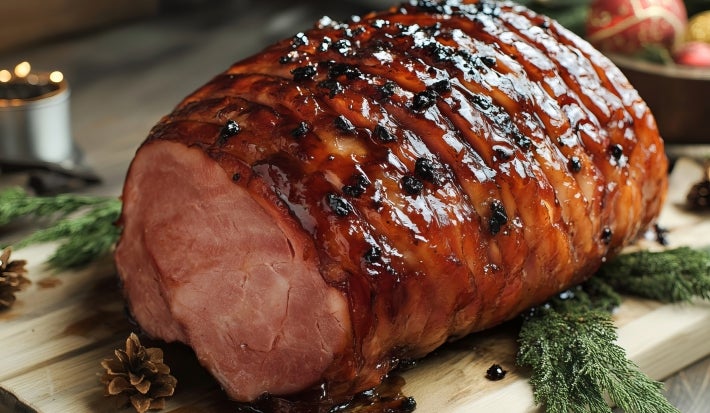 Fotografia de uma peça de tender assada e caramelizada sobre uma tábua de madeira clara.