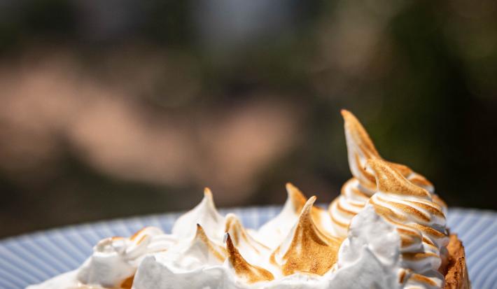 Fotografia de uma fatia de torta de cupuaçu feita com creme de leite, e por cima tem um merengue maçaricado. A fatia está em um prato de vidro branco com bordas cor na cor azul. Ao fundo da foto tem algumas árvores.