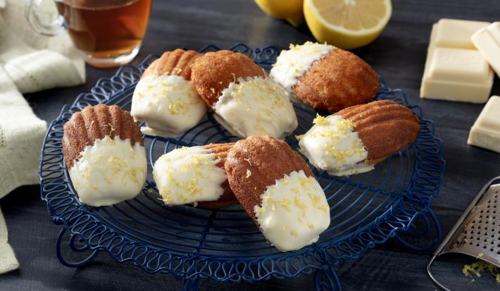 Fotografia em tons de azul em uma bancada de madeira de cor cinza. Ao centro, um prato azul marinho contendo as madeleines. Ao fundo, há uma xícara com mel, um limão partido e barras de chocolate branco.