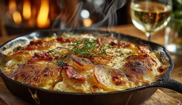 Em cima de uma mesa, frigideira grande com batatas crocantes com queijo gratinada com bacon.