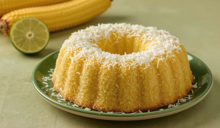 Fotografia de um bolo bundt de milho, dourado e coberto com coco, apresentado em um prato verde, com espigas de milho e uma lima ao fundo.