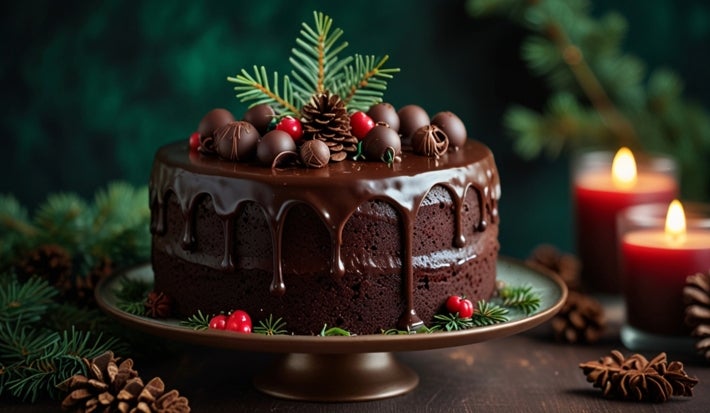 Fotografia de um bolo de chocolate decorado, com ganache brilhante escorrendo pelas laterais. O bolo é enfeitado com trufas de chocolate, frutas vermelhas e ramos de pinheiro, criando um ambiente festivo.