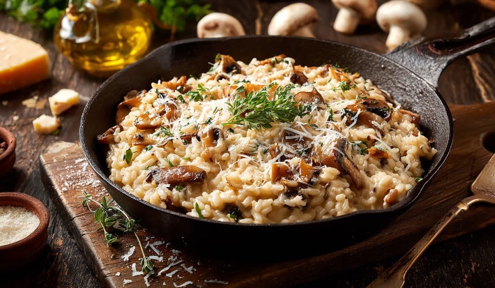 imagem mostra um prato com uma porção de risoto claro e pedaços de cogumelo e salsinha por cima