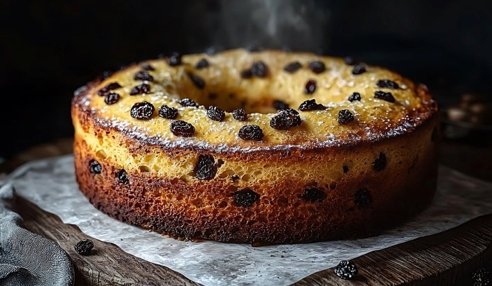 Fotografia de um bolo redondo dourado, exibido em uma tábua de madeira rústica. Com passas e uma leve camada de açúcar de confeiteiro, o bolo destaca-se em um fundo escuro.