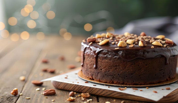 Fotografia de um bolo de chocolate decorado com ganache brilhante e nozes, apresentado em uma superfície de madeira. O fundo desfocado com luzes quentes cria uma atmosfera acolhedora, ideal para celebrações.