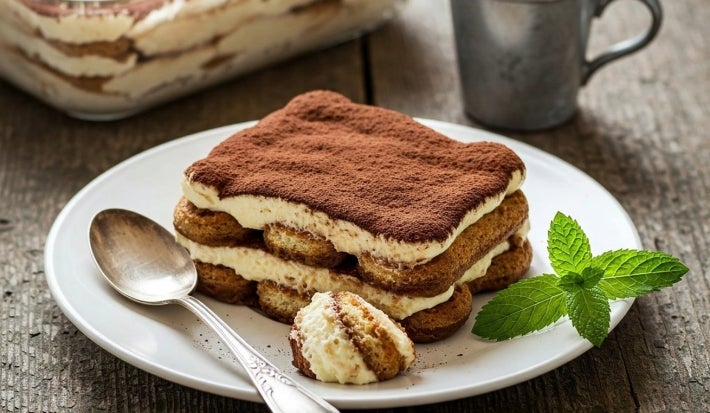 Em cima de uma mesa, prato com porção de tiramisu feito com biscoitos champanhe, creme branco cremoso, polvilhado com cacau em pó.