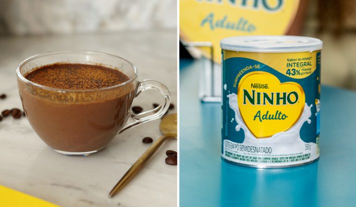 Foto dividida ao meio, na esquerda há uma xícara com a bebida de café gelado e à direita uma lata de ninho leite em pó adulto