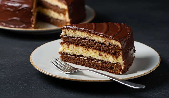Fotografia de uma fatia de bolo de chocolate com camadas, coberta por ganache brilhante e cremoso, servida em um prato branco. O bolo apresenta duas camadas de um bolo de chocolate fofinho e um recheio cremoso.
