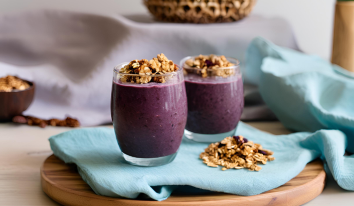 Fotografia de dois copos de vidro, os dois com shake de açaí e granola por cima. Os copos estão sobre um pano azul de tom claro, com mais granola, no canto. O pano está sobre uma tábua redonda de madeira.