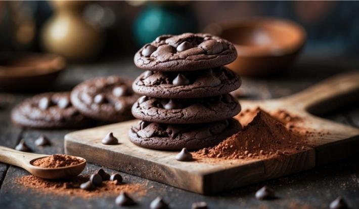 Fotografia em tons escuros de quatro cookies de chocolate com gostas de chocolate empilhados sobre uma tábua quadrada de madeira pequena sobre uma mesa de madeira escura. Ao lado dos cookies tem chocolate em pó, ao redor da tábua tem mais cookies.