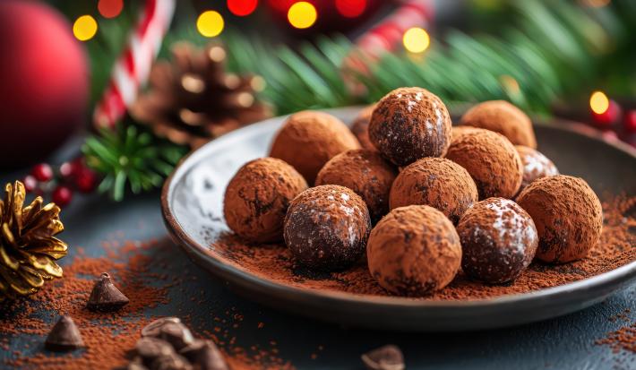 Fotografia mostra trufas de chocolate meio amargo com amêndoas, enroladas no cacau em pó.