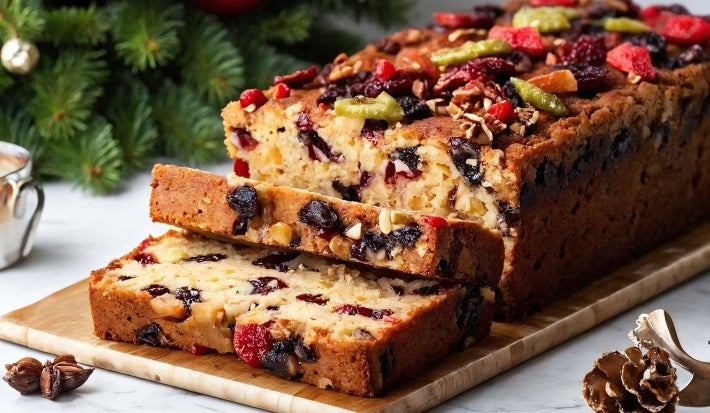 Fotografia de um bolo de frutas festivo, exibido em uma tábua de madeira. O bolo, denso e recheado com frutas secas e nozes, é cortado para mostrar seu interior colorido. O fundo sugere um tema natalino, com ramos de pinheiro.