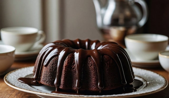 Bolo de chocolate Bundt é apresentado em um prato branco decorado, com uma cobertura de chocolate brilhante. Ao fundo, há xícaras de chá e um bule prateado.