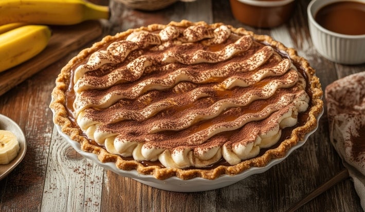 Em cima de uma mesa, banoffe em refratário, decorado com chantilly e canela em pó.
