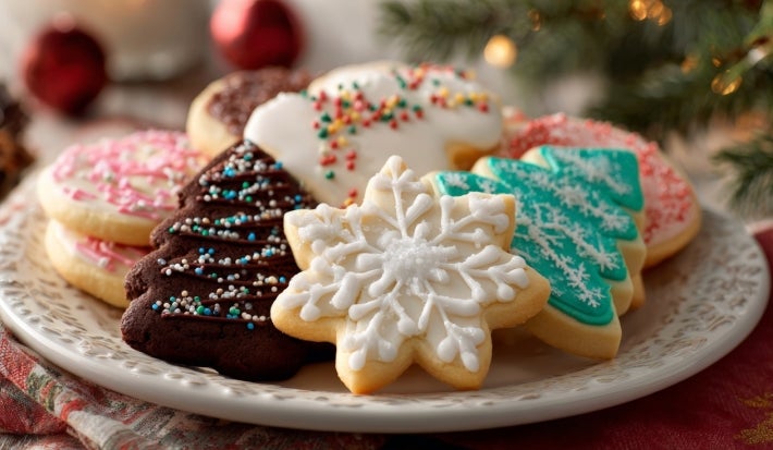 Em cima de uma mesa, prato branco com biscoitos em formato de Árvore de Natal e estrelas, decorados com glacê colorido, chocolate derretido e confeito colorido.