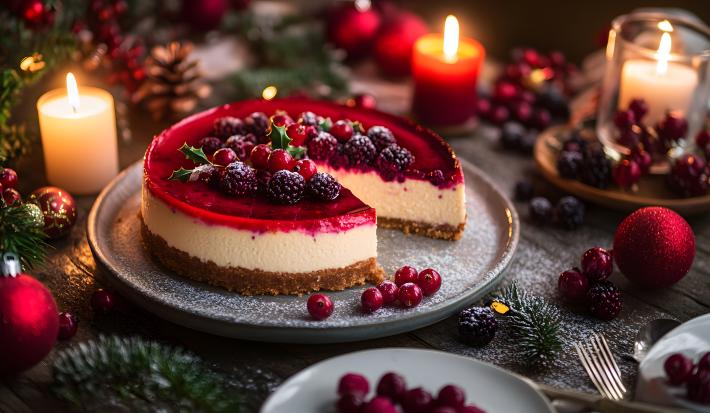Fotografia mostra uma cheesecake com uma base de biscoito visível sob um creme claro, coberto por uma camada brilhante de geleia de frutas vermelhas. Frutas frescas como morangos, amoras e mirtilos decoram o topo. Decoração ao redo é natalina