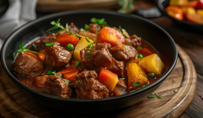 Fotografia mostra um prato com carne, cenoura e batata picadas. A carne parece suculenta devido ao molho que compõe o prato.