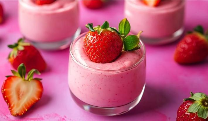 Fotografia em tons de rosa com três potinhos de vidro ao centro. Dentro de cada potinho existe uma receita de mousse de gelatina com iogurte com aspecto aveludado e finalizada com um morango