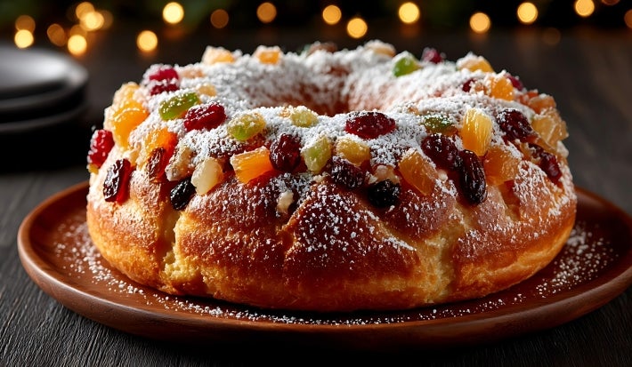 Fotografia de um bolo de frutas em formato de anel, adornado com frutas cristalizadas e polvilhado com açúcar de confeiteiro. O fundo desfocado com luzes quentes evoca um clima natalino e festivo.