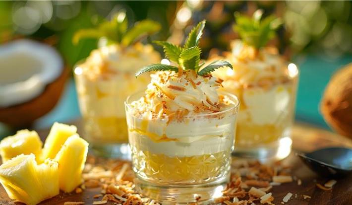 A imagem traz um doce de abacaxi ao fundo do copo, coberto por um creme branco e chocolate branco. A decoração é feita com folhas de hortelã e coco queimado