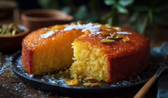 Fotografia de um bolo de semolina, com crosta dourada e interior macio. Decorado com pistachios e flocos de coco, em um prato escuro.