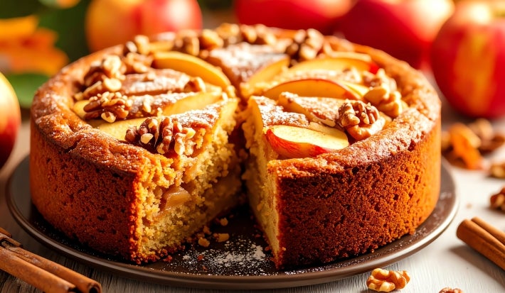 Fotografia de um bolo de maçã caseiro, com uma crosta dourada e interior úmido, decorado com fatias de maçã e nozes, polvilhado com açúcar de confeiteiro, acompanhado por maçãs vermelhas e canela.