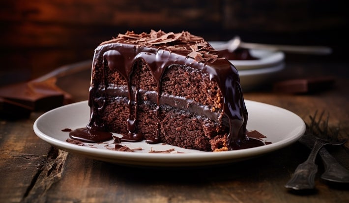 Uma fatia generosa de bolo de chocolate com duas camadas de massa e uma camada de recheio escuro. O topo está coberto com uma calda de chocolate espessa que escorre pelas laterais, além de raspas de chocolate por cima. Uma fatia generosa de bolo de chocolate com duas camadas de massa e uma camada de recheio escuro. O topo está coberto com uma calda de chocolate espessa que escorre pelas laterais, além de raspas de chocolate por cima.