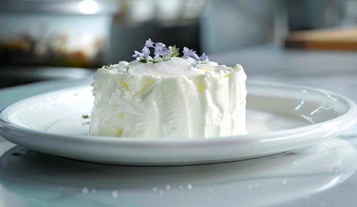 Fotografia em tons claros de um bolo de noiva com cobertura branca, sobre um apoio grande branco, apoiado sobre uma mesa de mármores branca. No bolo tem alguns enfeites florais roxos por cima.