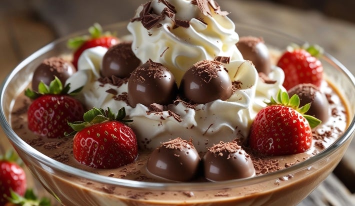Fotografia do strogonoff de chocolate em uma taça de vidro com morangos, chantilly e os bombons serenata do amor.
