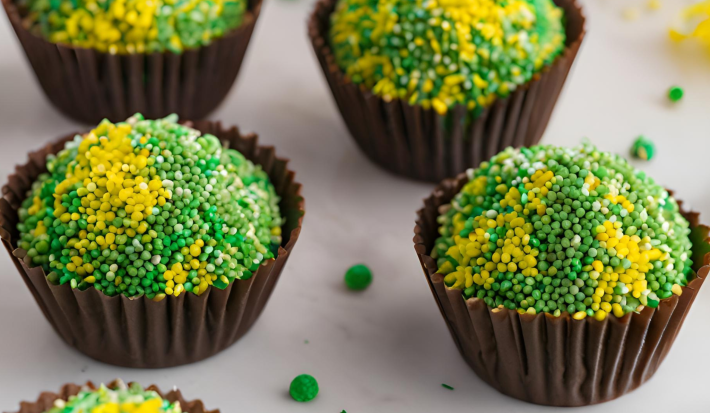 Fotografia mostra brigadeiros redendos com granulados em tons de verde e amarelo sobre forminhas na cor marrom.