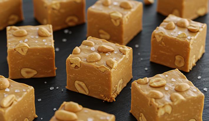 Fotografia de quadrados pequenos de doce de amendoim com amendoins inteiros e flor de sal sobre uma mesa de madeira preta.