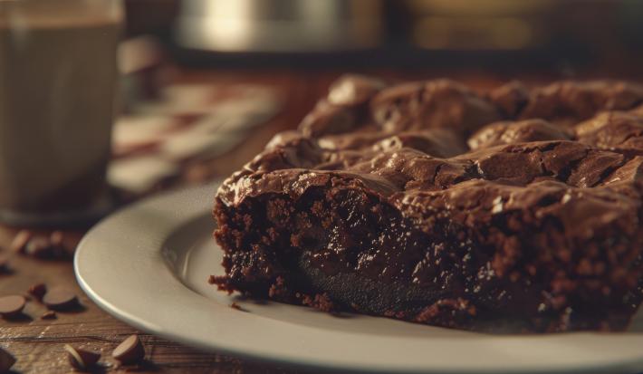 Fotografia de um pedaço de brownie de chocolate em um prato pequeno, branco de vidro raso. O prato está sobre uma mesa de madeira. Ao lado do prato tem uma xícara de tom claro.