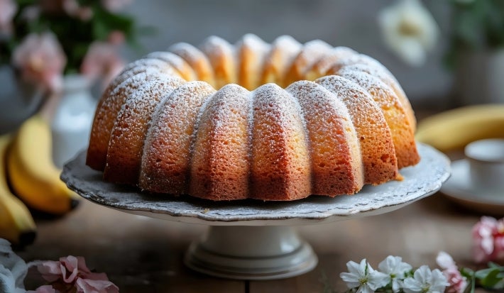 Fotografia de um bolo bundt dourado, polvilhado com açúcar de confeiteiro, em um suporte decorativo. O fundo sugere um ambiente acolhedor, com bananas e flores.